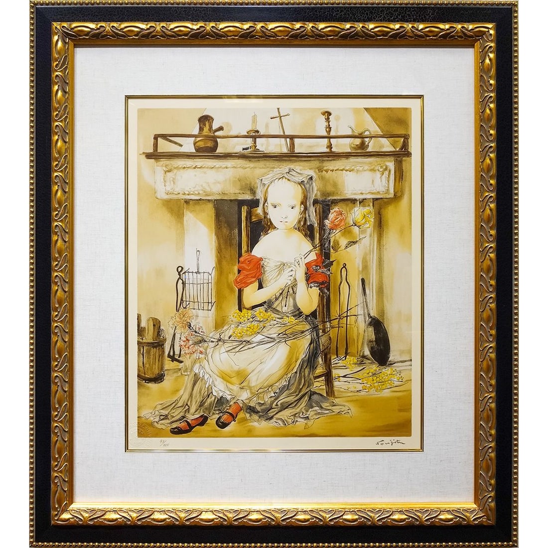 Print by Fujita Tsuguharu (Fujita Tsuguharu) "Girl in Front of the Fireplace" Silkscreen Print,: Girl in Front of the Fireplace (Silkscreen Print) / Fujita Tsuguharu A reproduction print (print) supervised and produced by the Fujita Foundation and ADAGP, based on the 1952 oil painting "Devant la 