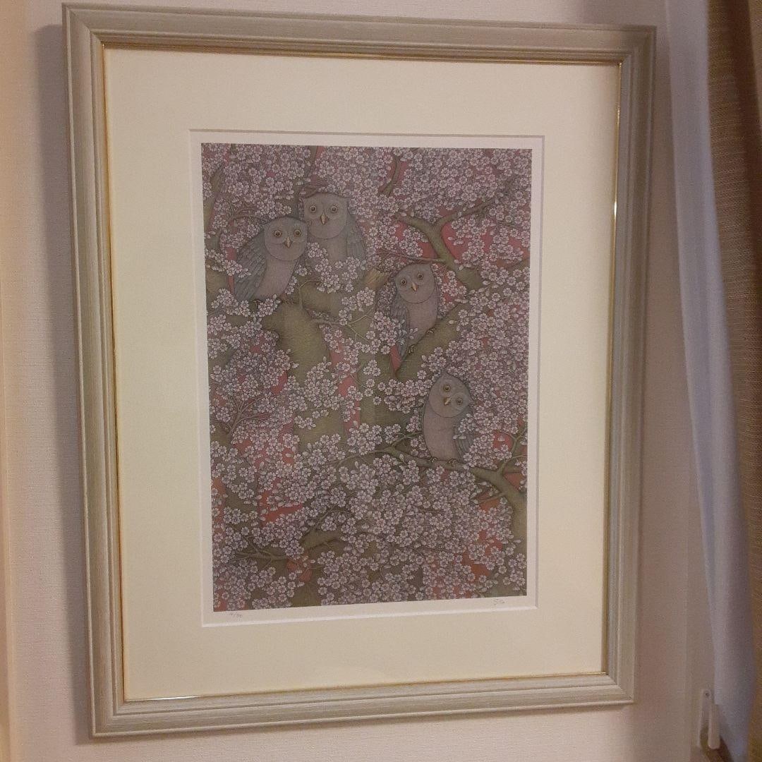 Bali Sila Silkscreen Printing: Silkscreen Art Print of an Owl Surrounded by Cherry Blossoms. Art Style: Silkscreen Theme: Owl Color Scheme: Cherry Blossoms and Gray Owl Framing: Framed Details: Exquisite Floral Depictions and the E