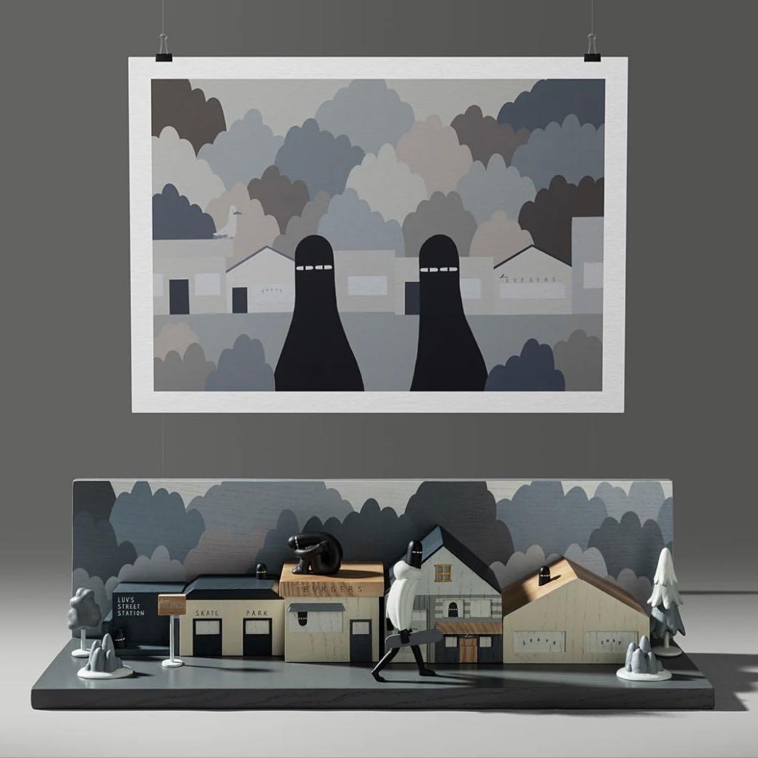 Ly artist edition 50 silkscreen print: This is a set of a bronze art toy and a larger-sized silkscreen print. Material: Bronze and wood Dimensions: Height 160 x Width 480 x Depth 140 mm (base) Limited edition of 50 Includes a signed and nu
