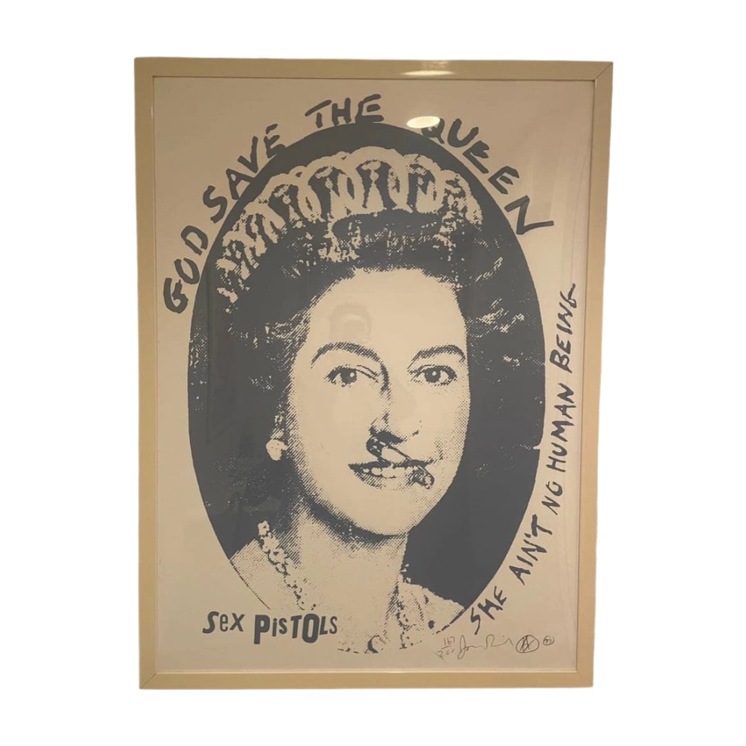 "God Save The Queen" by Jamie Reid - A screen print work associated with the band Sex Pistols.: Signature: You Edition: ed /200 Creation Year: 1997 Poster Dimensions: 101.6 x 73.6 cm Additional Mounting Included. Despite being a very old work, it is preserved quite well. The poster itself is ver