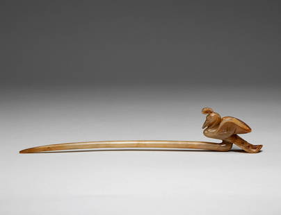 Hetian jade hairpin of liao Dynasty in China: H:4.3cmï¼ŒW:23.5cmï¼Œweightï¼š58.5g