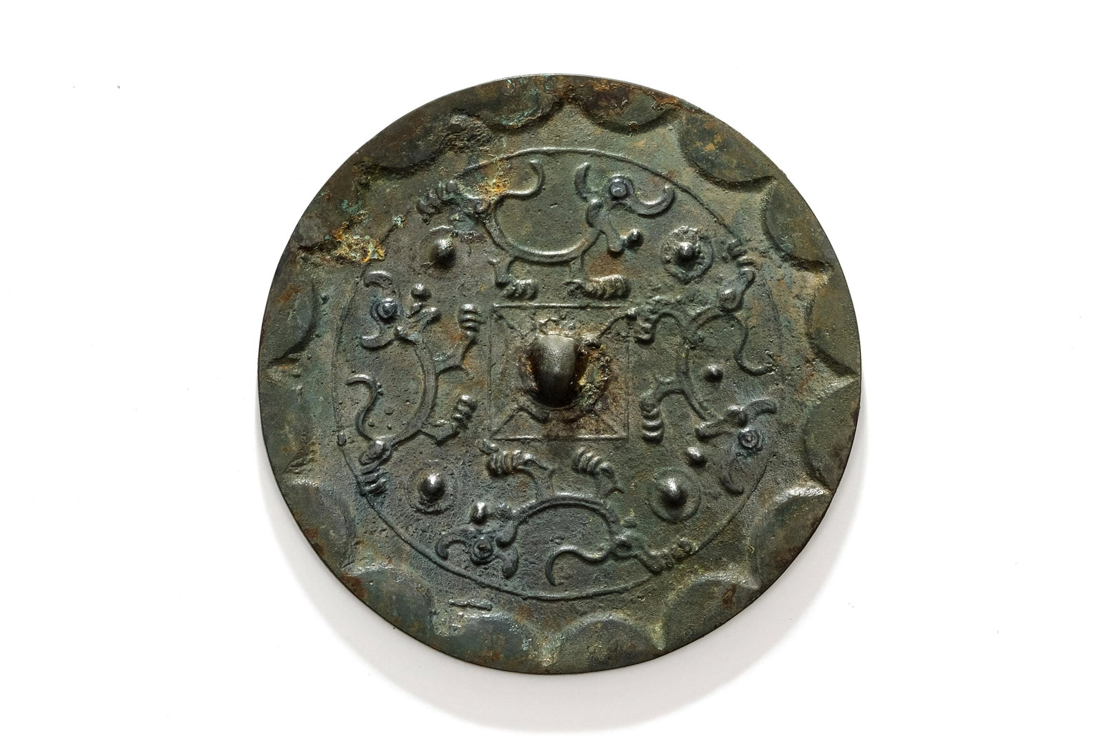 four-dragon bronze mirror, Han Dynasty: D: 3.9 in. (9.9 cm)