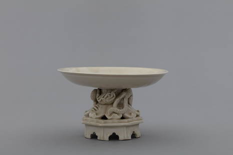 Song Ding white glazed charger hold by coiling dragon: H: 4.7 in. (12 cm) L: 7.7 in. (19.5 cm)