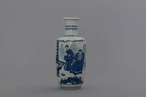 Qing blue and white historical figures porcelain vase in form of pestle: H: 9.8 in. (25 cm)