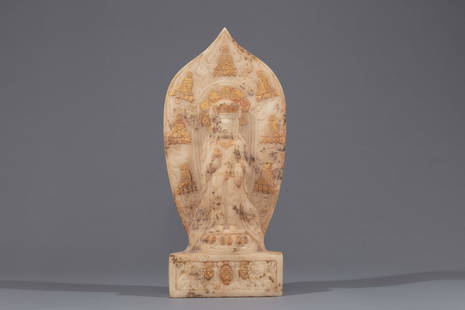 Northern Qi gold painted marble standing buddha: H: 9.1 in. (23.2 cm)