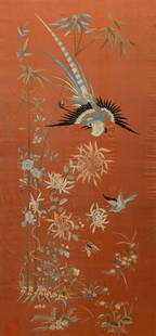 Qing dynasty five-coloured painting of flowers and birds handing panel: L: 49.6 in. (126 cm) D: 23.2 in. (59 cm)