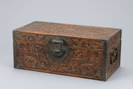 Qing dynasty red wood box with unicorn derection: H: 5.9 in. (15 cm) L: 14.5 in. (37 cm) D: 7.4 in. (19 cm)