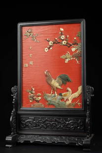 Qing dynastry red wood colour paint person table screen: H: 23 in. (58.5 cm) D: 15.1 in. (38.5 cm)