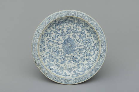 Qing dynasty outline light white and blue flower: H: 1.7 in. (4.5 cm) D: 7.2 in. (18.3 cm)