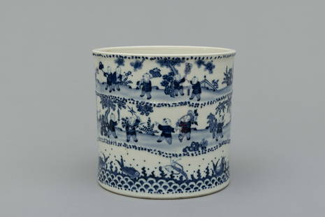 Qing later dynasty white and blue hundred children: H: 7.6 in. (19.3 cm) D: 8 in. (20.5 cm)