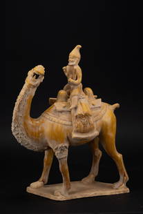 A tri-coloured glazed pottery statue on camel, Tang dynasty: H: 19.3 in. (49 cm) D: 14.9 in. (38 cm)