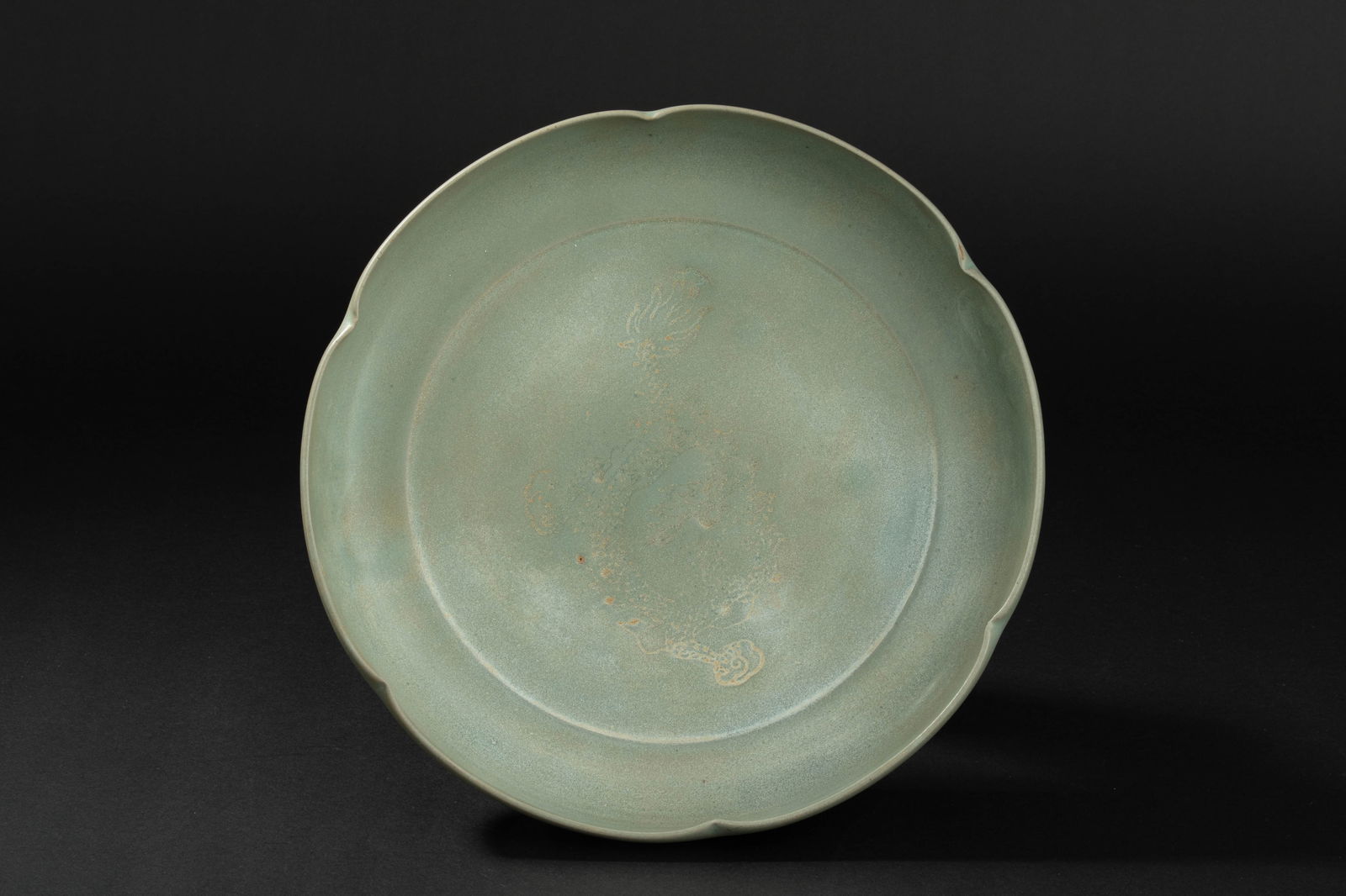 A celadon brush washer,Song dynasty, Ru kiln: H: 2 in. (5.2 cm) D: 10.5 in. (26.7 cm)