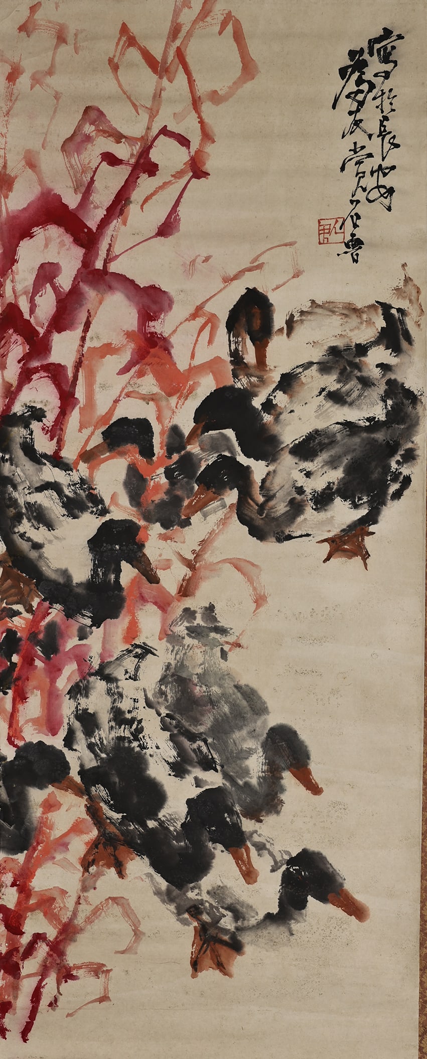 A ducks witness the warmth of the river first in the Spring painting by Shi Lu (1 of 3)