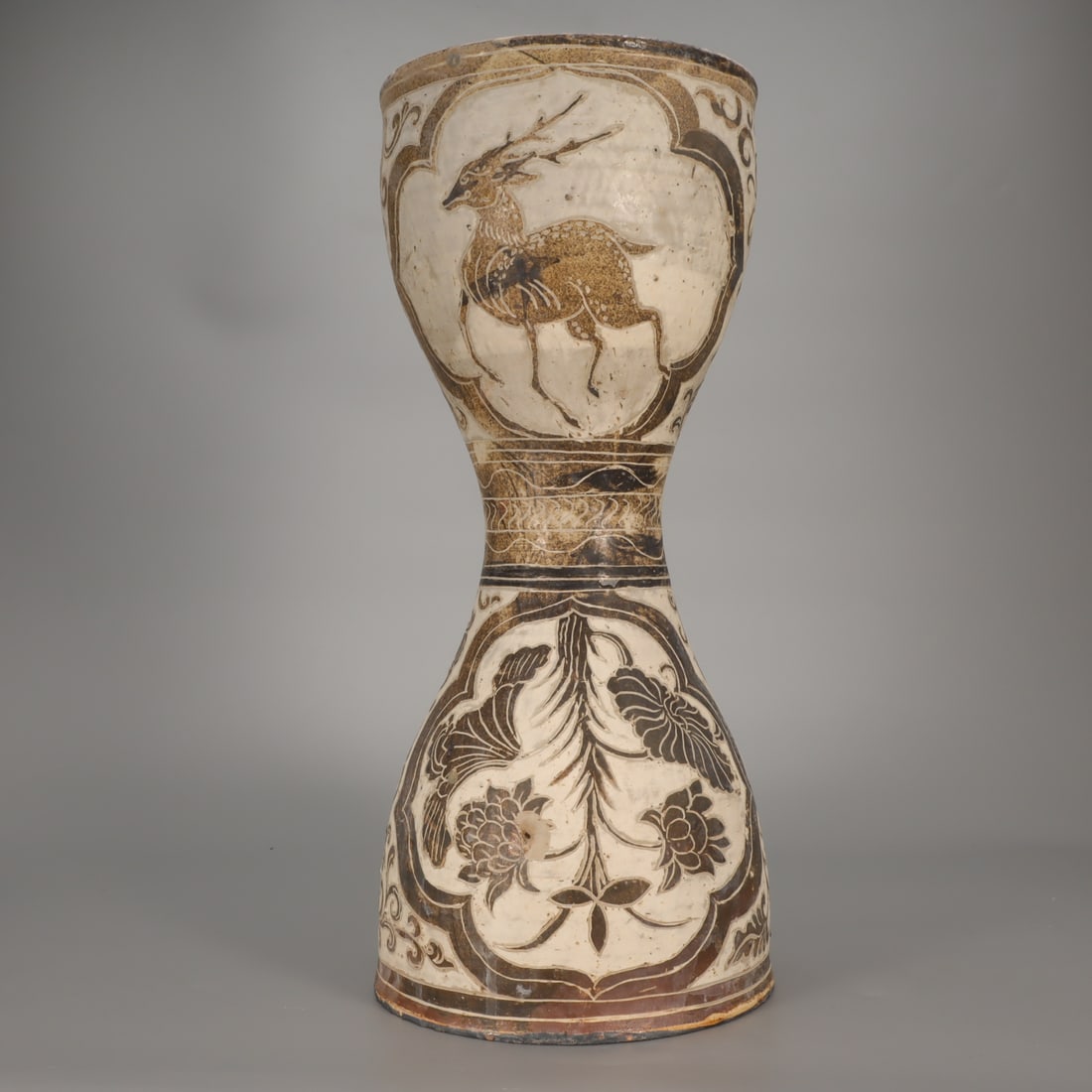 Chinese Cizhou Kiln Beat Drum depicting Black Stag and Flowers Carved on White Ground H:46cm W:20cm (1 of 8)