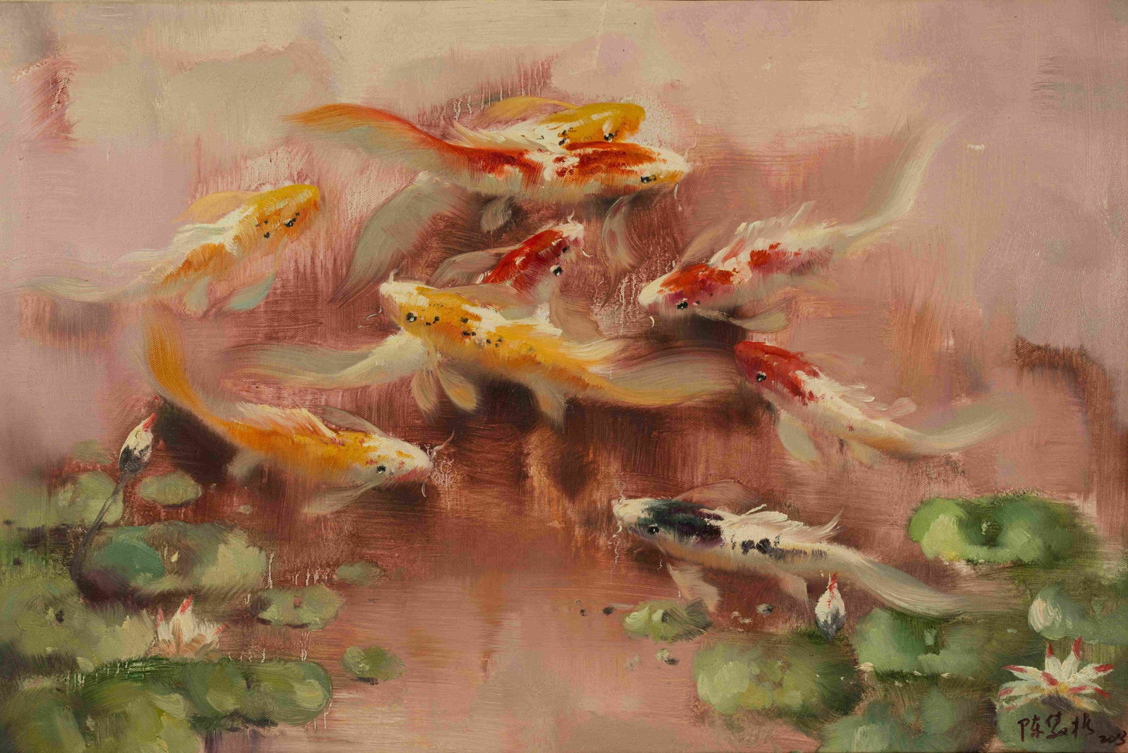 Koi carp: Painted by Li Sheng 60 x 90 cmUnframed Oil On Canvas Condition:Minor old wear and weathering.
