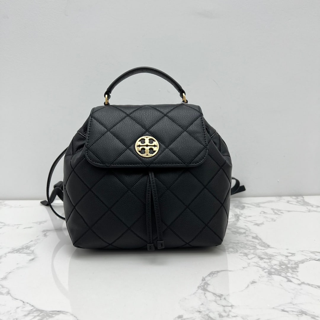 TB willa: Toryburch Willa Caviar Miniature Backpack with Diamond Quilted Pattern and Drawstring Design. Women's Backpack, Handbag Shoulder Bag. Black Grey. Dimensions: 24x12x21CM. A wonderful gift for you or yo