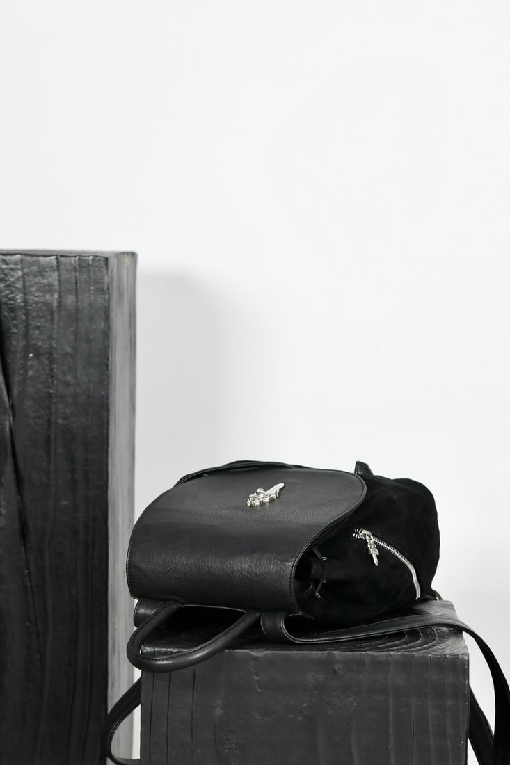 Chrome Hearts Medium Sword Matte Backpack: Chrome Hearts Medium Sword-Style Matte Backpack, Model: K033, Color: Black ripped and matte leather with black sword jacquard lining, Dimensions: 23x26x12.5cm. Can be worn as a backpack or carried by 
