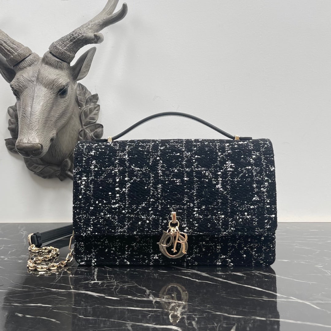 Miss Dior: DIOR - '24 Miss Dior Handbag, from the 2024 Early Spring collection, is elegant and practical. Crafted from black tweed-effect fabric with a cannage pattern created using various embroidered threads, 