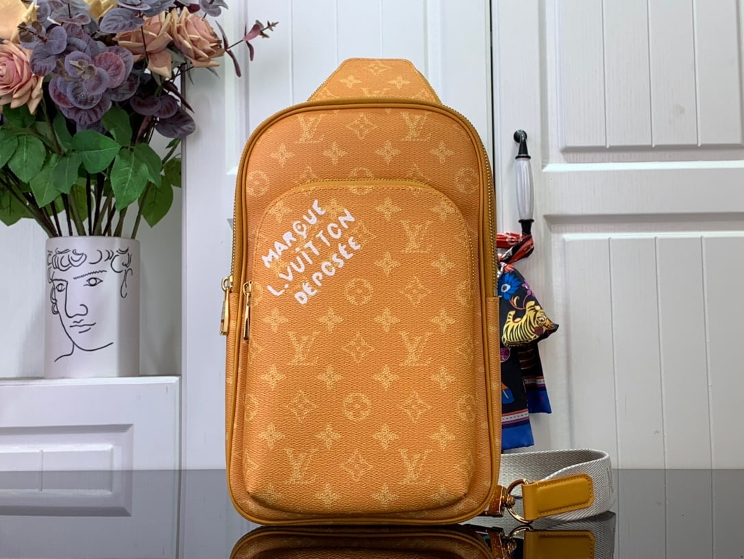 LV Avenue Slingbag NM: The Avenue Slingbag NM, an alternative to the classic backpack, is made of Monogram canvas and features a white "Louis Vuitton" logo on the front zip pocket. An adjustable shoulder strap clips onto th