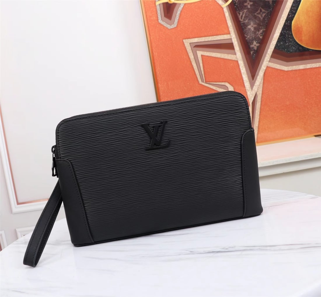LV double-zip handbag with combination lock: This LV double-zip clutch bag features a combination lock, crafted from European cowhide with iconic lines, offering a stylish and trendy look. It also includes a zippered pocket and an interior slip 