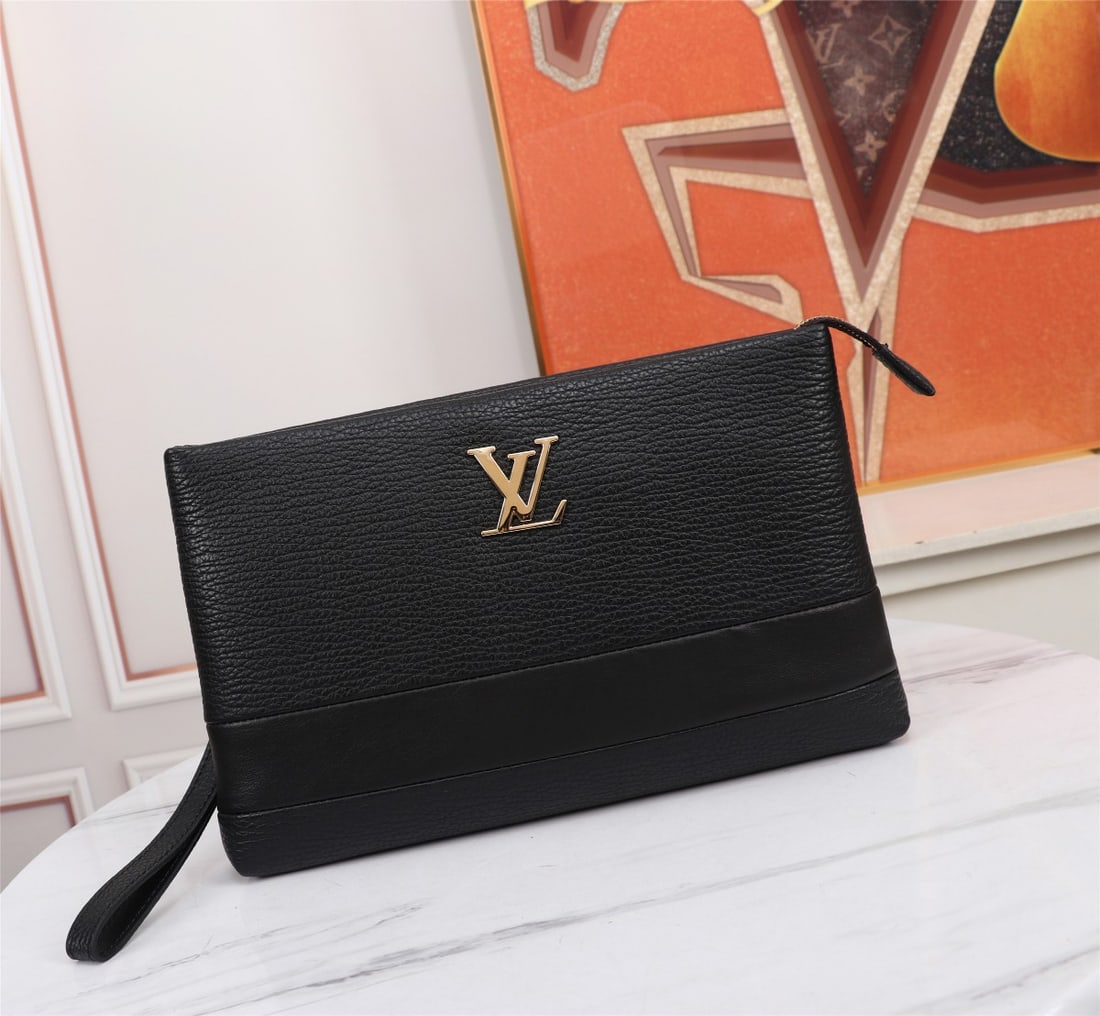 LV handbag: This LV clutch, crafted from European calfskin, features iconic lines and a stylish design. It also includes a zippered pocket and an interior slip pocket for added functionality, offering a trendy al