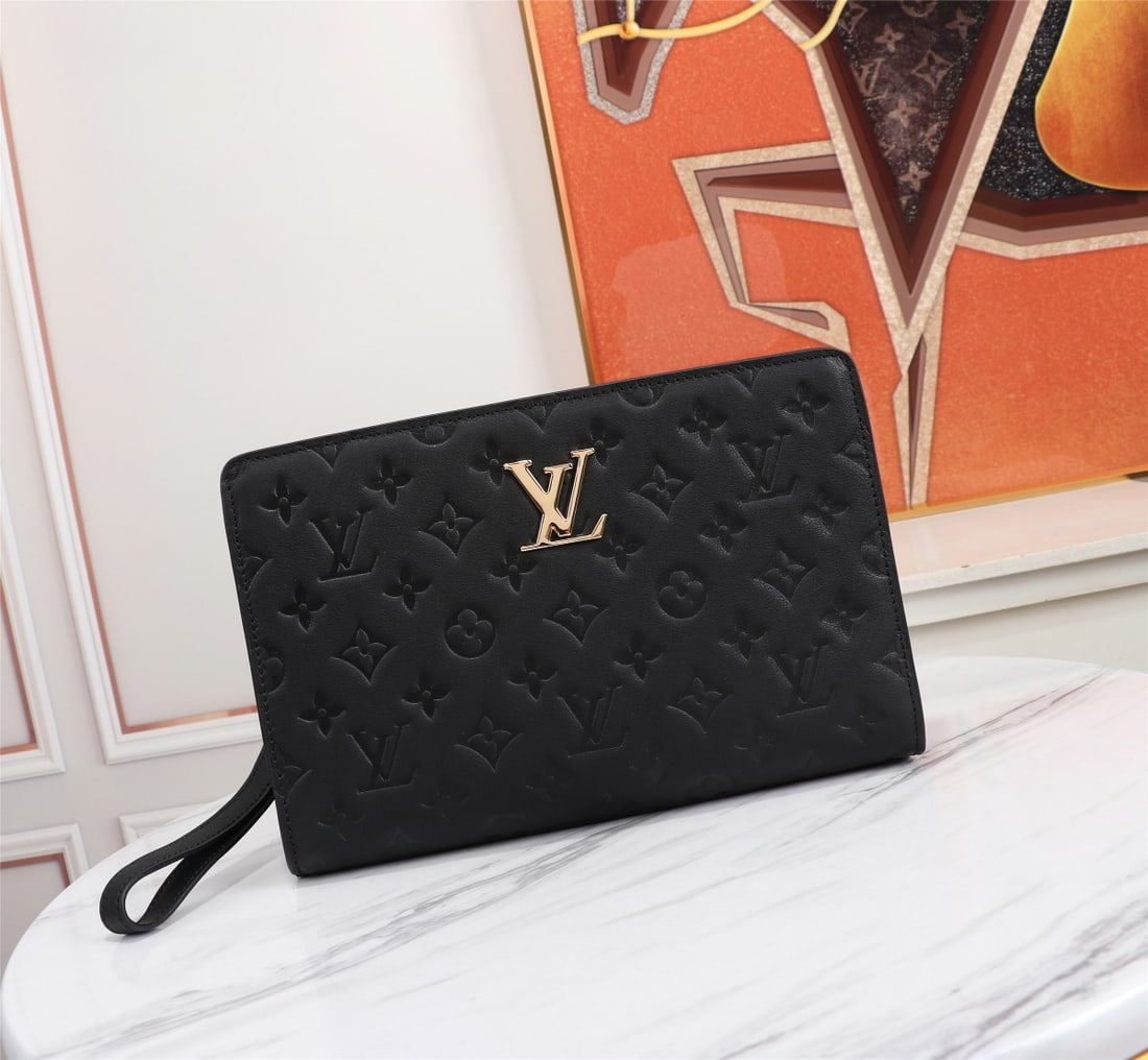 LV: LV combination lock men's clutch bag in patterned leather with stainless steel combination lock, high-end special lining, special YKK zipper, ultra-smooth anti-burst zipper, top-grade edge coating, cr