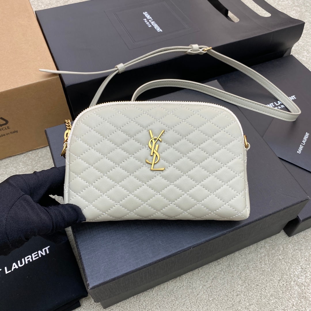Yves Saint Laurent GABY Quilted Lambskin Leather Chain Shell Bag: White lambskin leather Yves Saint Laurent GABY quilted lambskin leather chain shell bag, featuring the classic Yves Saint Laurent logo, soft lambskin material, adjustable chain length: 57cm, light bro