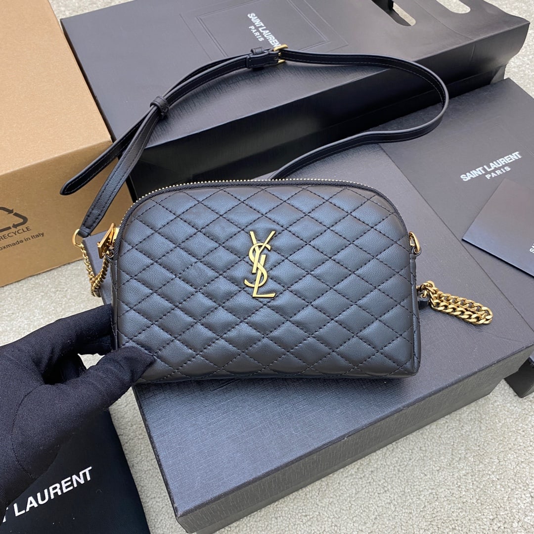Yves Saint Laurent GABY Quilted Lambskin Leather Chain Shell Bag: Black lambskin Yves Saint Laurent GABY quilted lambskin leather chain shell bag, featuring the classic Yves Saint Laurent logo, soft lambskin material, adjustable chain length: 57cm, light bronze meta