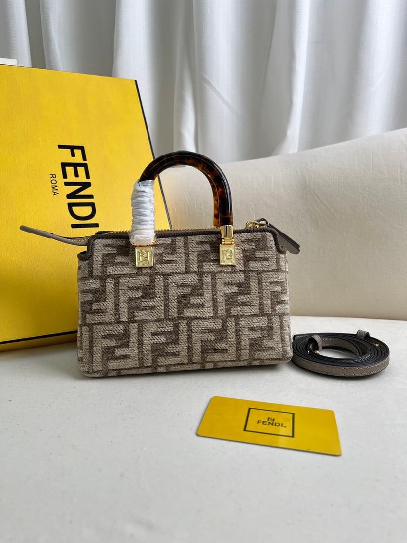 Fendi By The Way: Grey By The Way Mini Handbag, Small Boston Handbag in Brocade Fabric, Beige By The Way Boston Mini Handbag, made of chenille, decorated with a dove grey FF brocade pattern and hard acrylic handles, pr