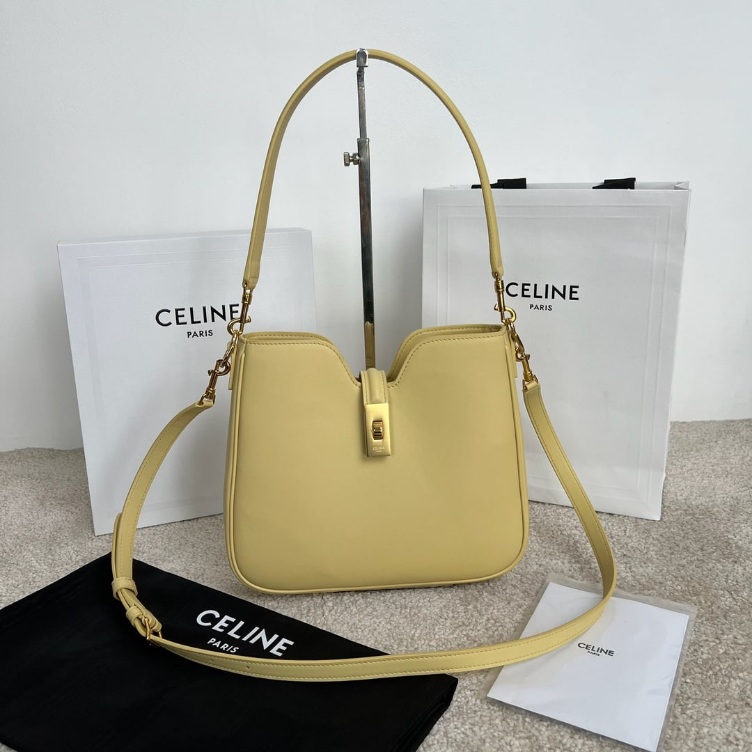Celine: CAMILLE 16 SOFT Small Pale Yellow Smooth Cowhide Leather Handbag (Dimensions: 24.5 x 21.5 x 5 cm). This model cannot accommodate larger smart tablets such as iPads. Cowhide leather, sheepskin lining. 