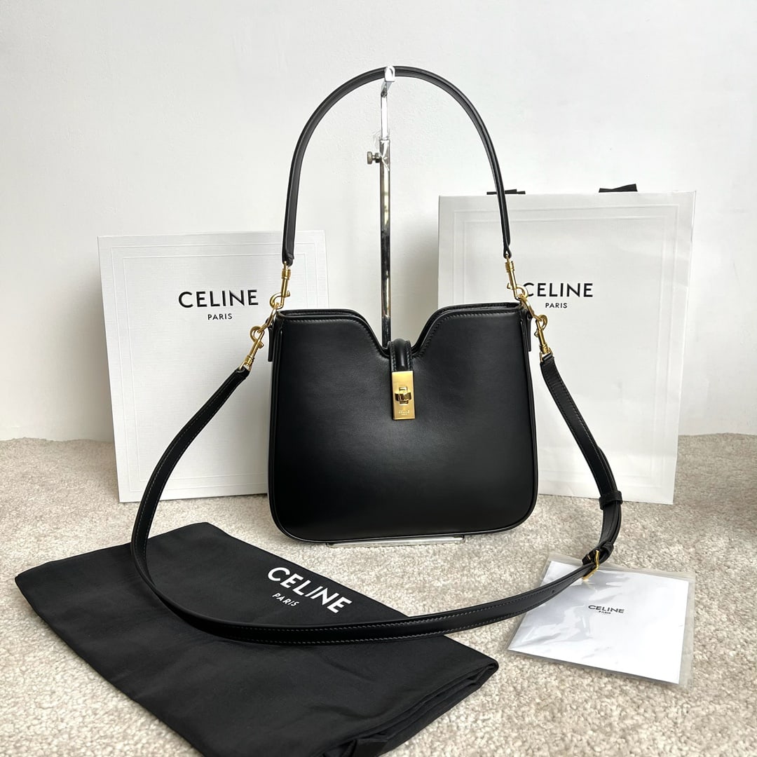 Celine: CAMILLE 16 SOFT Small Smooth Calfskin Handbag 9.7 x 8.5 x 2 inches (24.5 x 21.5 x 5 cm). This model cannot accommodate larger smart tablets such as iPads. Calfskin leather, sheepskin leather lining. H