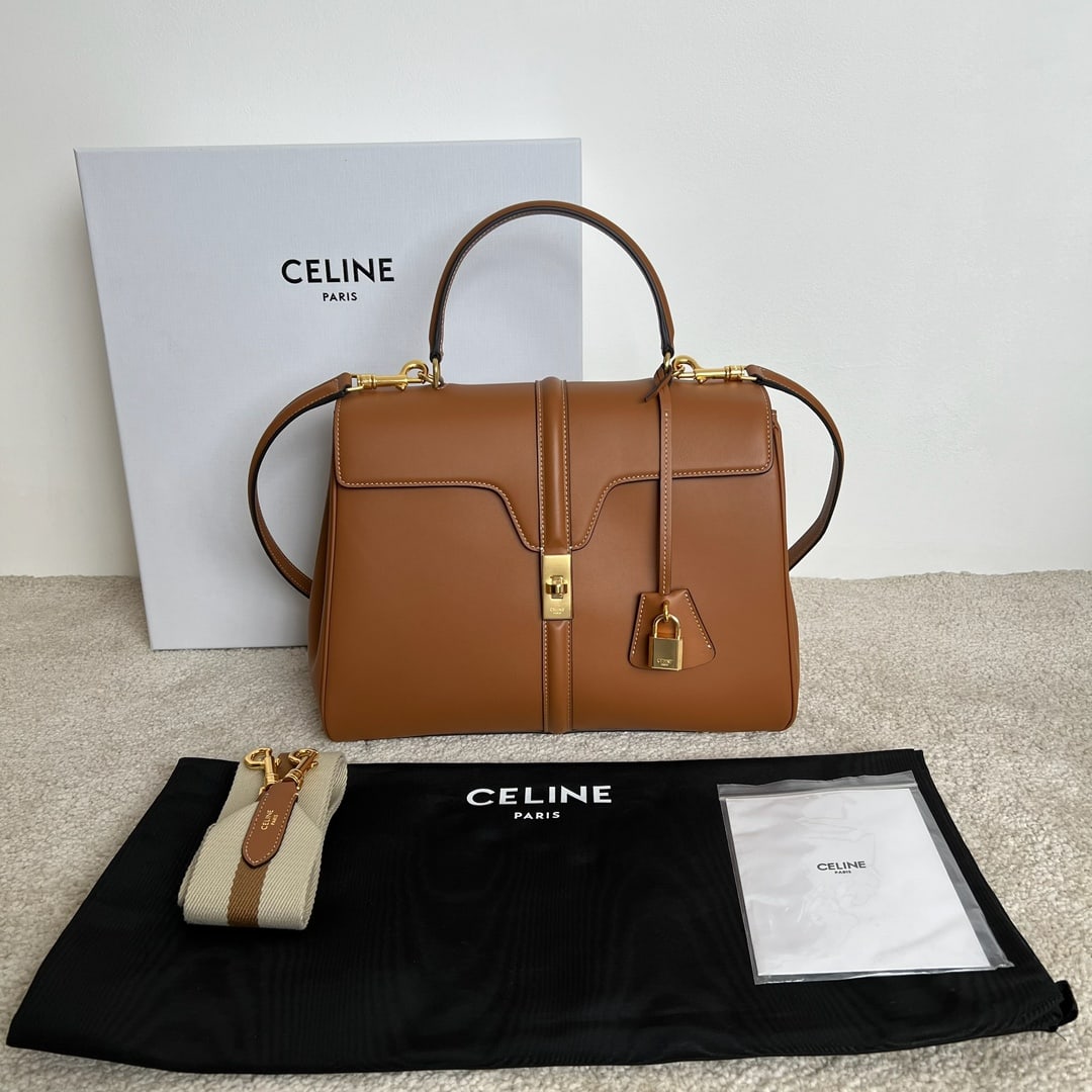 Celine: 16 Medium brown handbag, leather handles, 32 x 23.5 x 13 cm, cowhide leather with lambskin lining, gold-tone hardware, can be worn on the shoulder, crossbody, or carried by hand. Turn-lock closure, ce