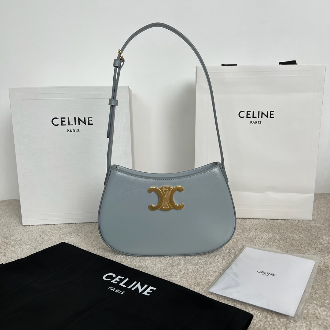Celine: TILI Ice Blue, Medium Glossy Calfskin Handbag, 22x13.5x4 cm, calfskin leather, lambskin lining, gold-tone finish, shoulder carry, zip closure, one main compartment, one interior flat pocket, adjustabl