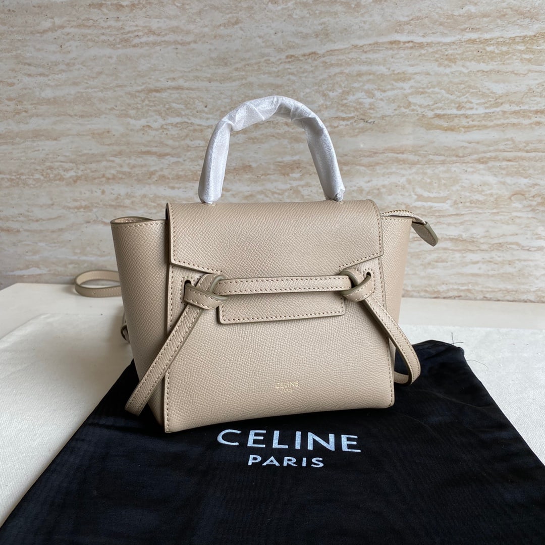 Celine: Belf PICO Mini Grained Calfskin Handbag 8 x 6 x 3 inches (16 x 21 x 8 cm) Calfskin Leather Lining: Split Calfskin Magnetic Flap Lock and Flap-Down Zipper Lock Detachable Adjustable Shoulder Strap A wo