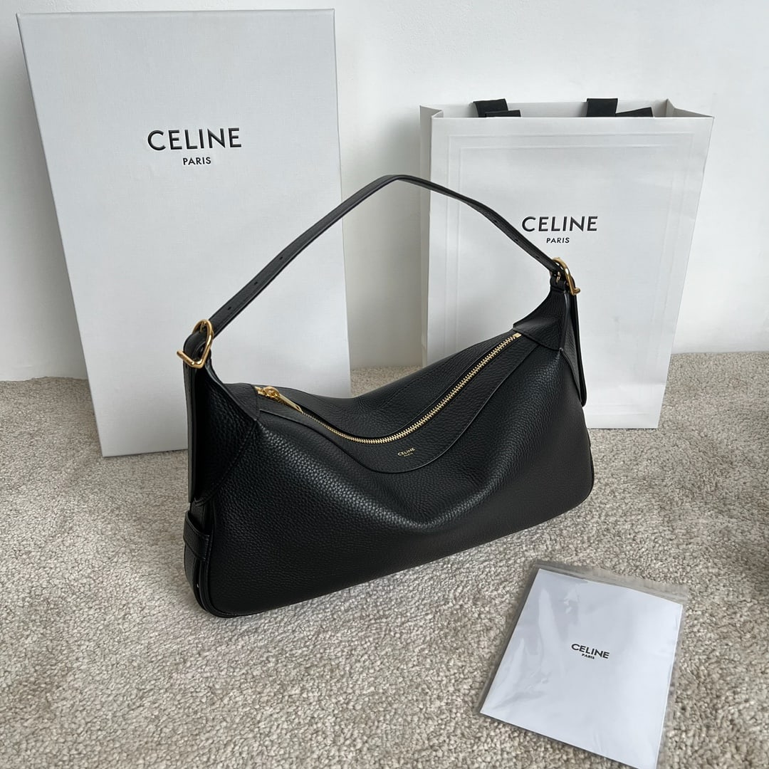Celine: ROMY Medium Soft Calfskin Leather Handbag, Color: Black, Dimensions: 34x16x5 cm, Calfskin Leather, Suede Calfskin Lining, Shoulder Bag, Hand Bag, Zipper Closure, 1 Main Compartment, Adjustable Leather