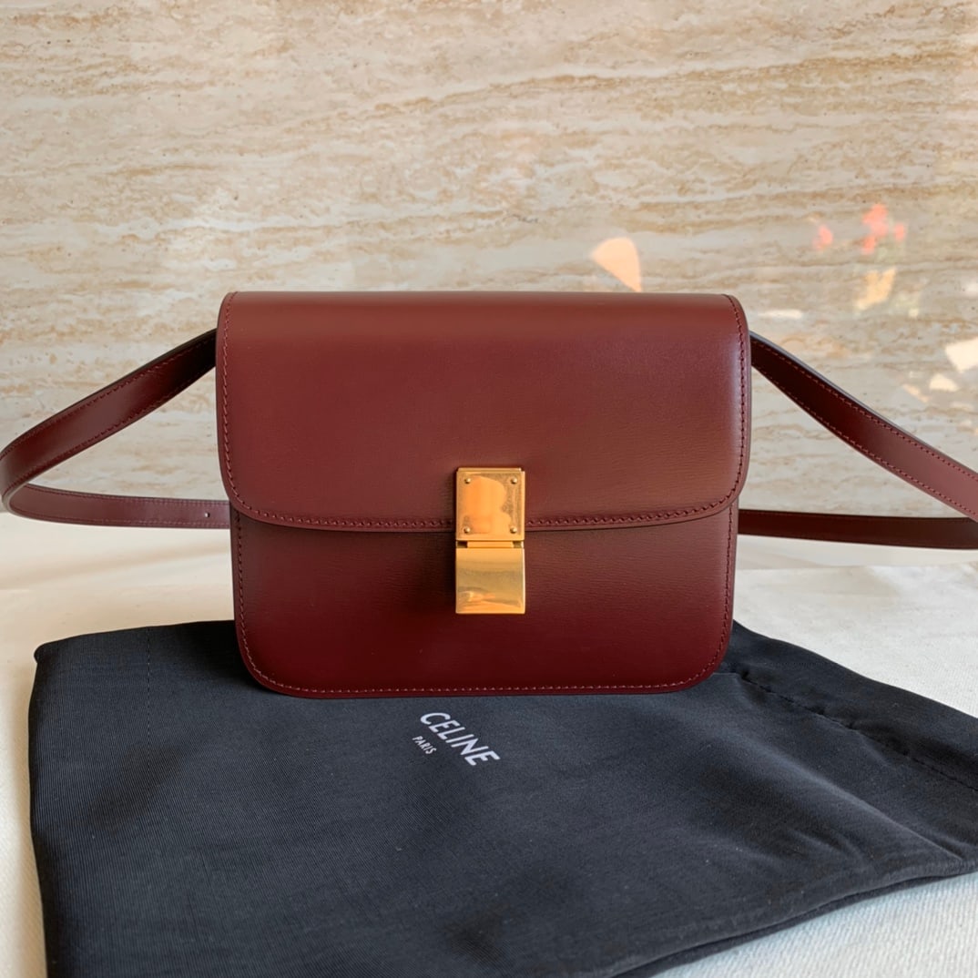 Celine: TEEN CLASSIC Polished Calfskin Leather Handbag 7 x 6 x 2 inches (18.5 x 15.5 x 6 cm) Calfskin Leather Lining: Lambskin Leather Metal Lock Interior Flat Pocket Detachable Adjustable Leather Shoulder St