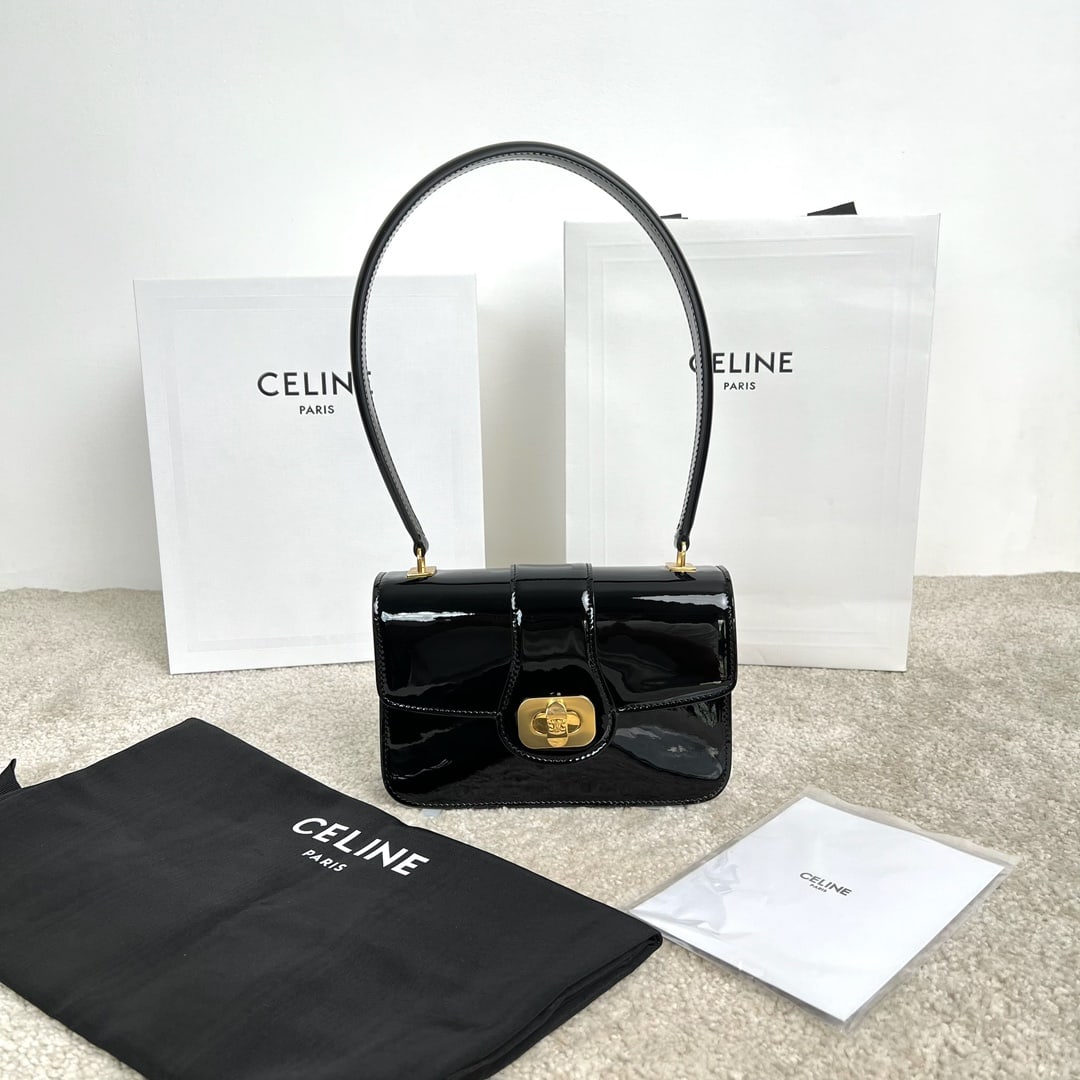 Celine: TEEN JOSEPHINE Patent Calfskin Leather Handbag, 18.5 x 13 x 5 cm. Calfskin leather, sheepskin lining, gold finish handles, TRIOMPHE embossed turn-lock closure, 1 main compartment, 1 interior zip pocke