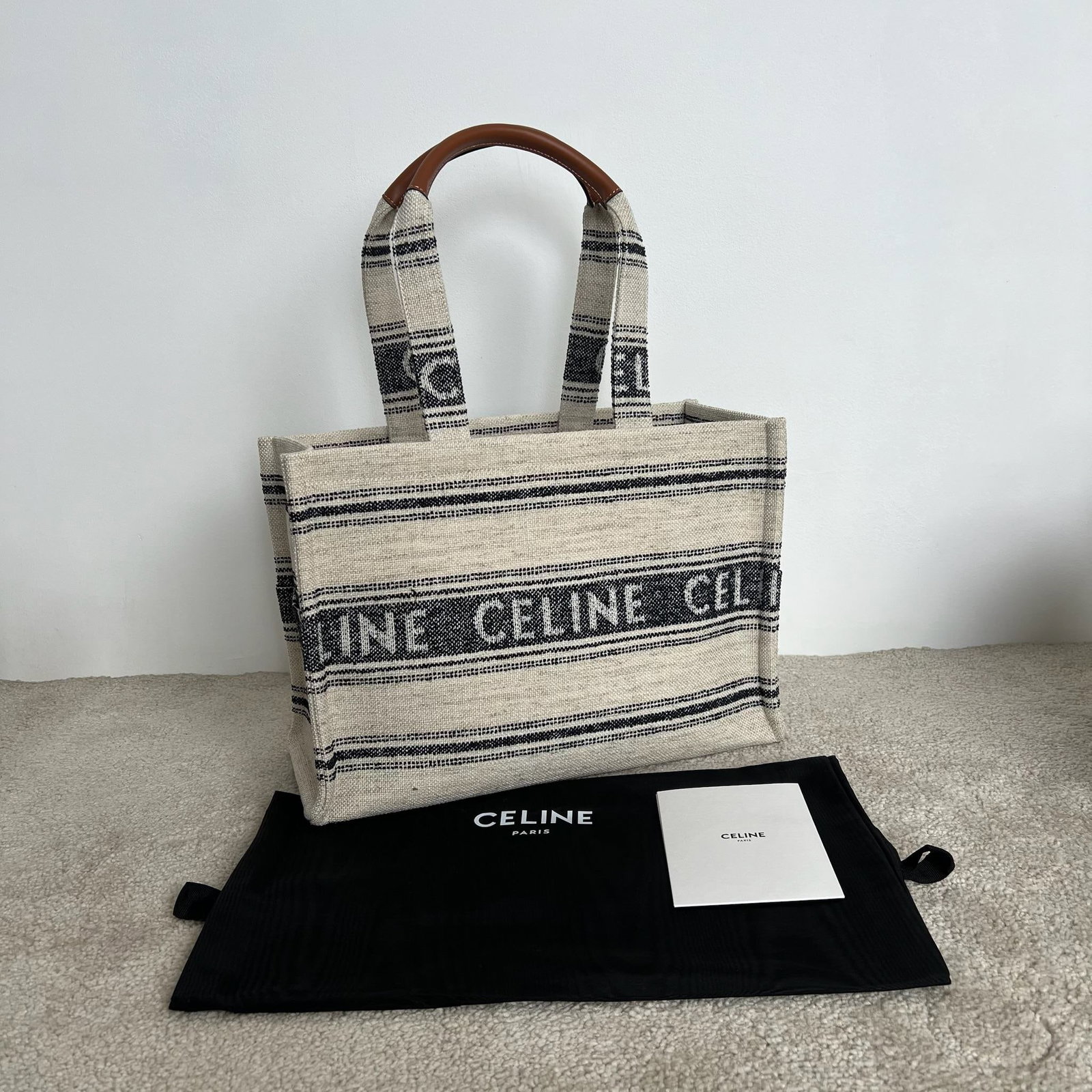 Celine: CABAS THA IS Large Fabric Handbag, linen jacquard, dimensions 40x30x16 cm, fabric, cowhide leather trim, fabric lining, shoulder carry, one main compartment, one interior flat pocket, and two exterior