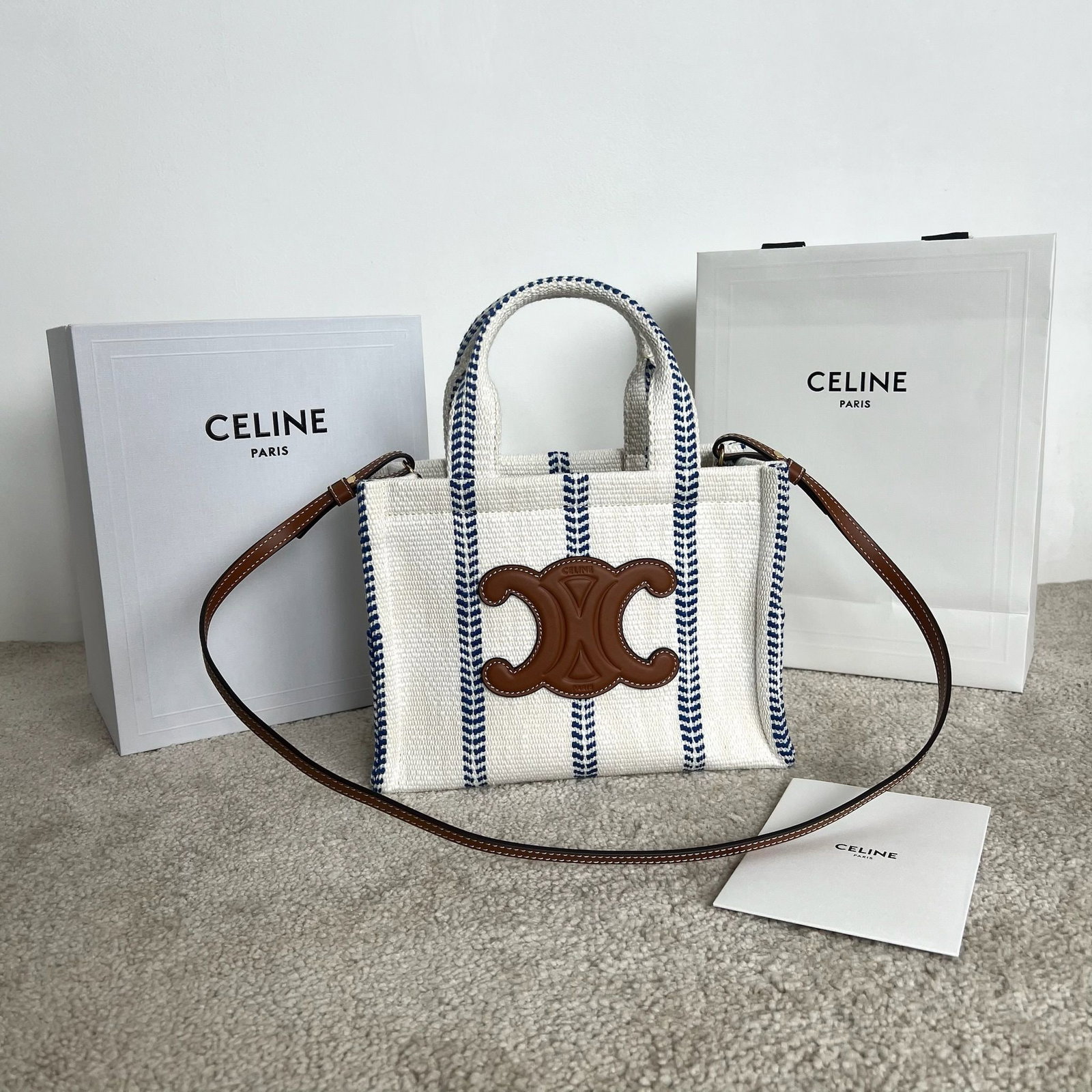 Celine: CABAS THAIS Fabric and cowhide leather handbag, wool blue stripe, dimensions 25x18.5x13 cm, fabric, cowhide leather trim, fabric lining, carry by hand, shoulder bag, and crossbody bag, one main compar