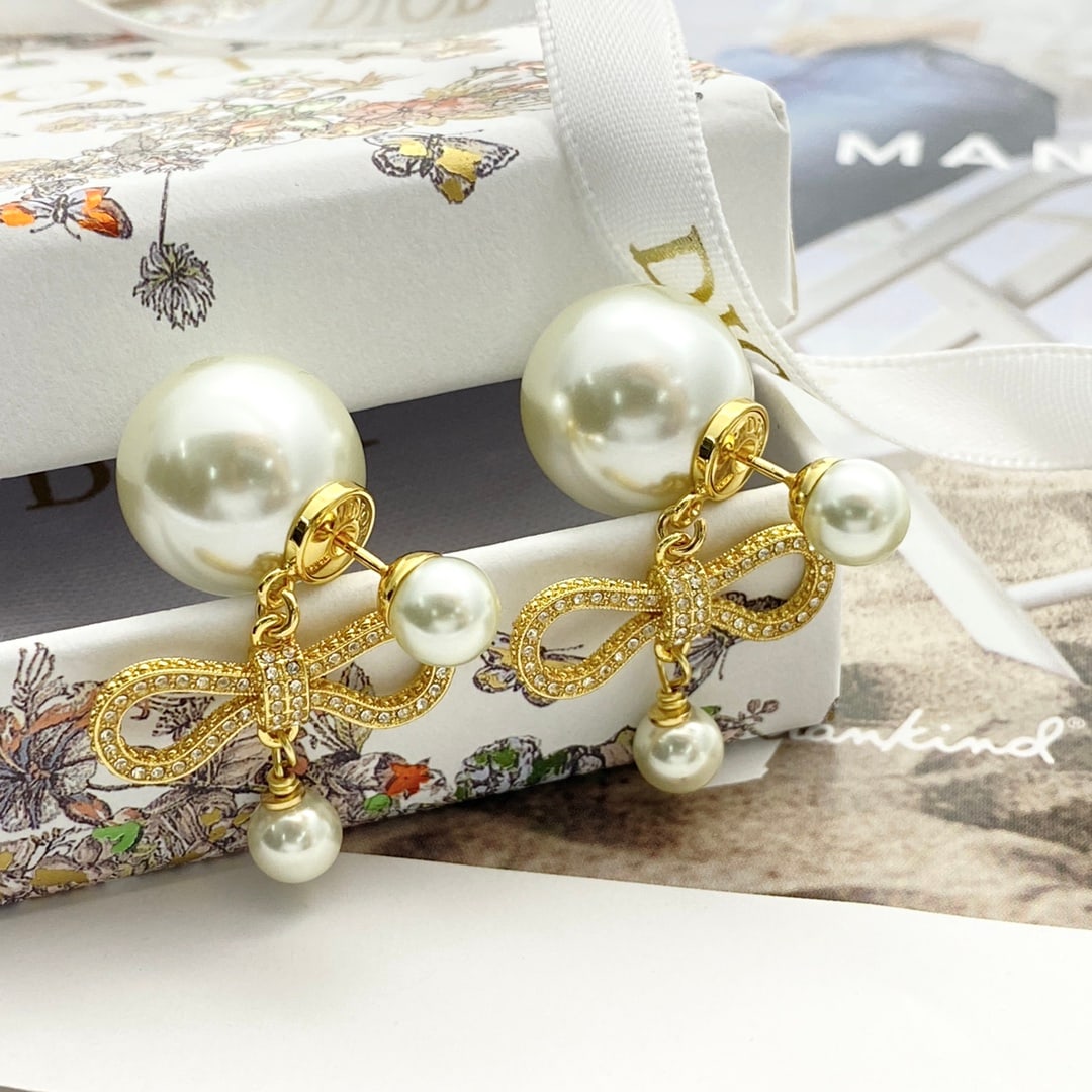 Dior openwork bow double pearl earrings (1 of 7)