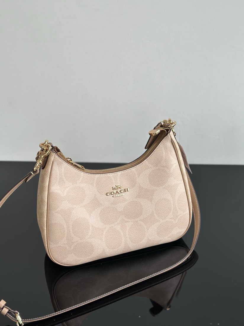 Coach Teri: Teri series large crescent-shaped underarm bag. This large underarm bag features two shoulder straps, allowing for both underarm and crossbody wear a very user-friendly design. Made of both new and