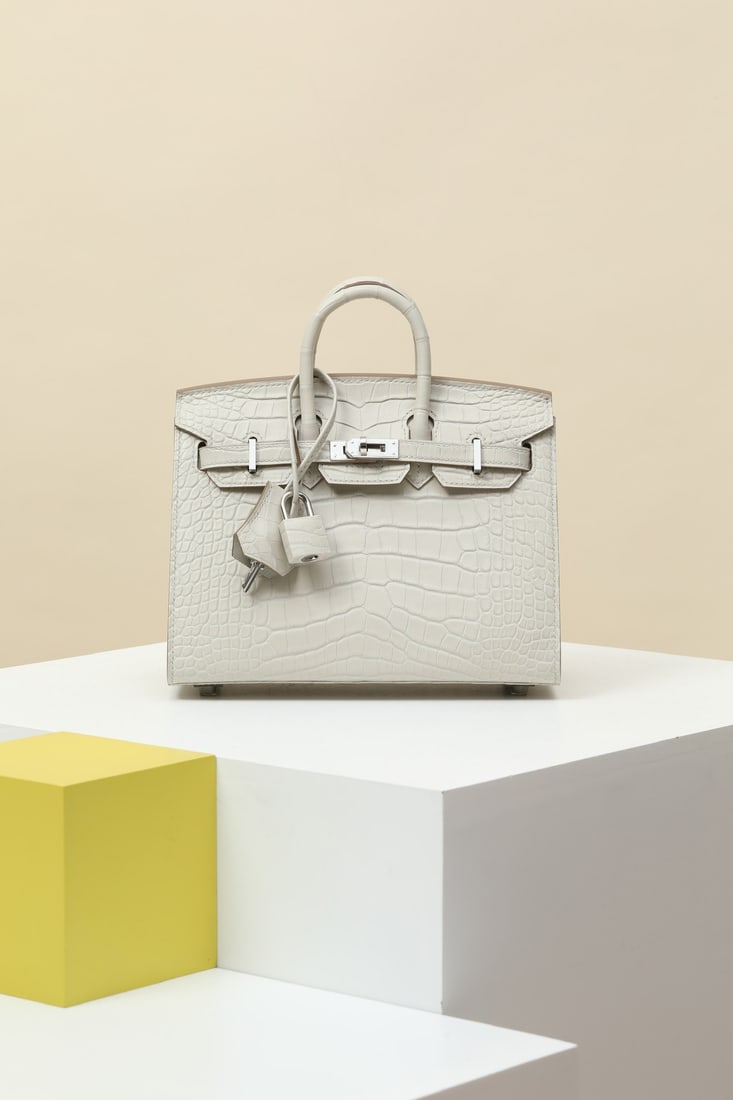 Hermes: Model: BK20 Code: BK2001600 Color: 8L Glacier White Dimensions: Length 20cm x Depth 16cm x Width 11cm Material: Matte American Alligator (pressed square opening) Birkin 20 Alligator Handbag, interior 