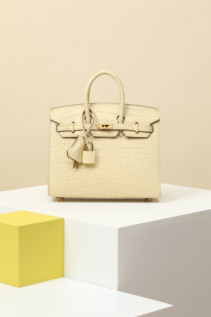 Hermes: Model: BK20 Code: BK2001600 Color: Y1 Vanilla Dimensions: Length 20cm x Depth 16cm x Width 11cm Material: Matte American Alligator (pressed square opening) Birkin 20 Alligator Handbag, interior zip po