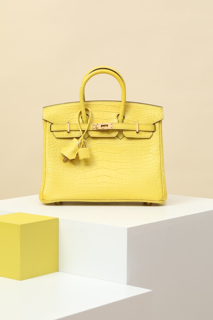 Hermes: Model: BK25 Code: BK2502300 Color: M9 Marigold Yellow Dimensions: Length 25cm x Depth 20cm x Width 13cm Material: Matte Alligator (pressed square opening) Birkin 25 Alligator Handbag, interior zip poc