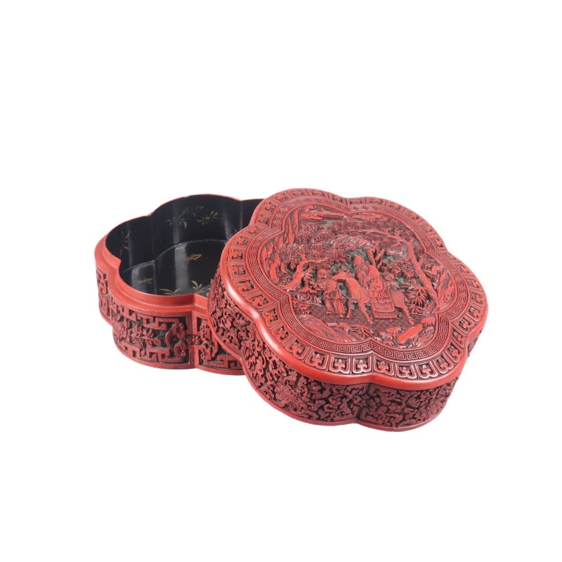 Carved Red Lacquer Figure Story Covered Box: H 10cm Diameter 18cm