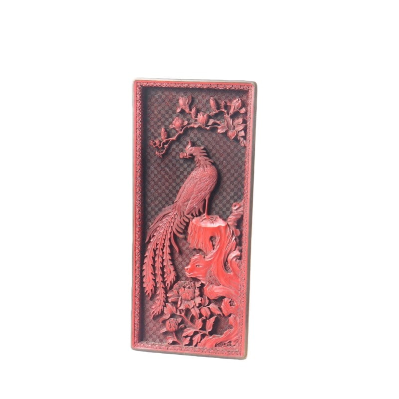 Carved Red Lacquer Bird-and-Flower Dish: L 23cm W 10.5cm