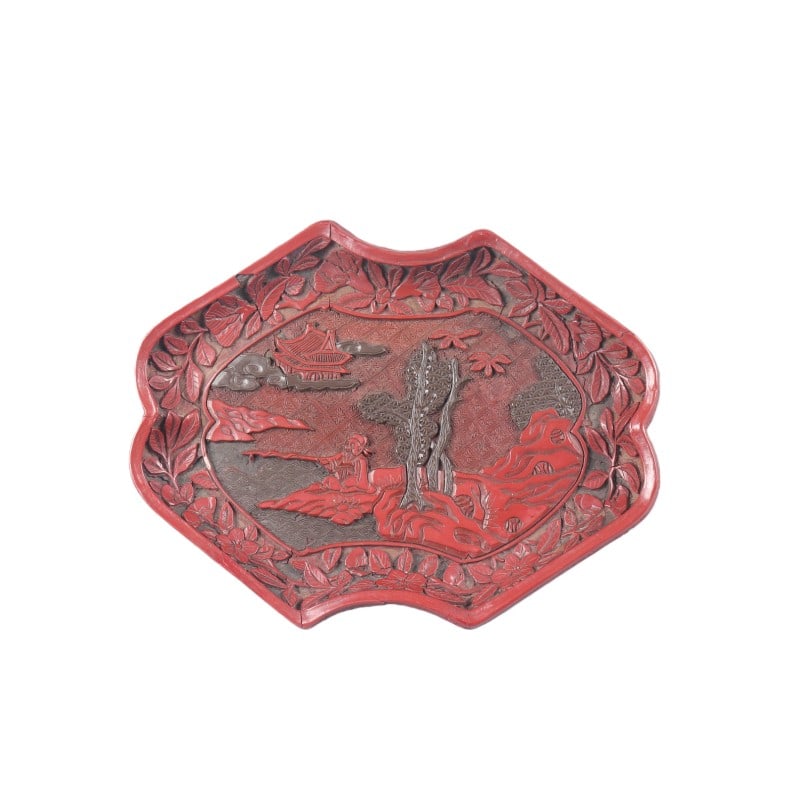 Carved Red Lacquer Figure Story Dish: L 23cm W 17cm