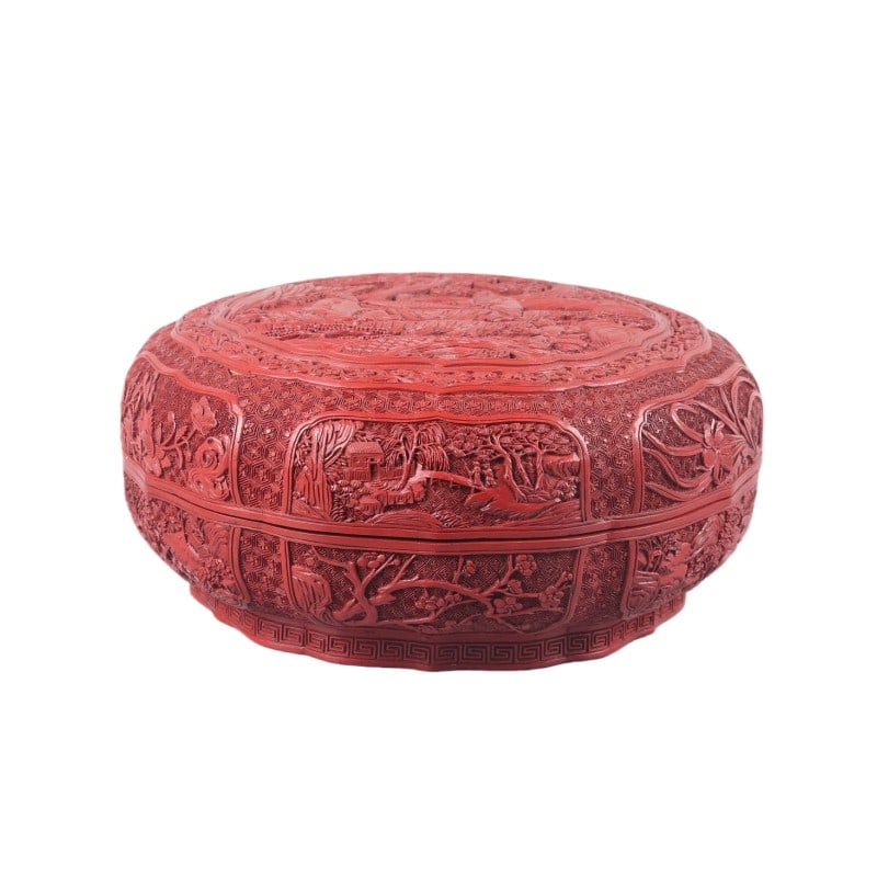 Carved Red Lacquer Figure Story Round Box: H 10cm Diameter 21cm