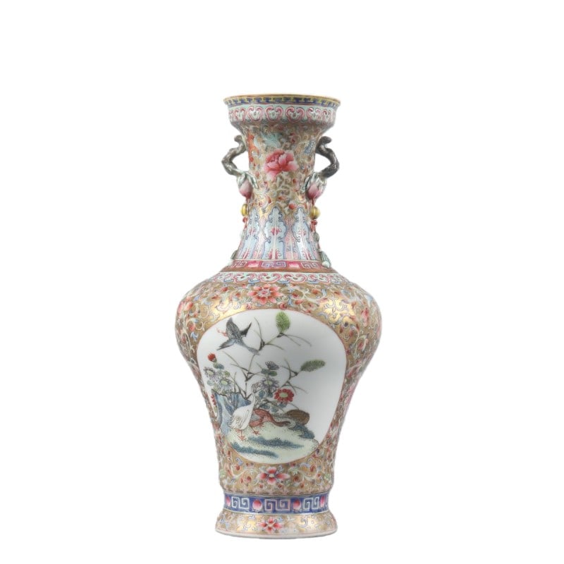 Qianlong Period Famille Rose Enameled Ruyi-handle Appreciation Vase: H 24.5cm Diameter 12cm