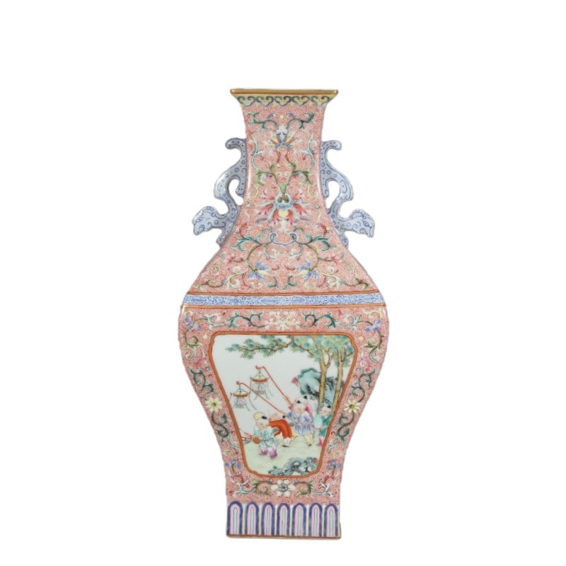 Qianlong Period Famille Rose Children-at-play Square Vase: H 31.1cm